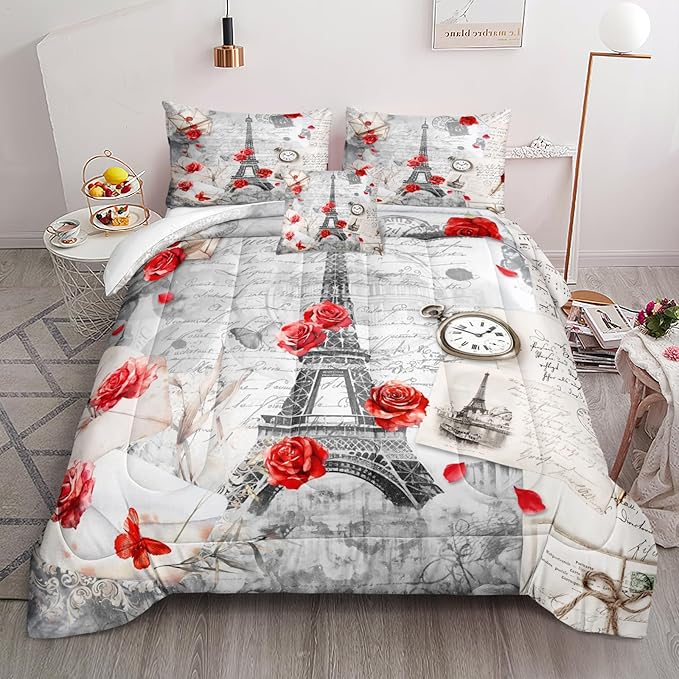 Bedbay Eiffel Tower Comforter Set King Size French Style Bedding Romantic Paris Retro Letter Rose Flowers Printed Paris Room Decor 4-Piece Soft Microfiber Girls Women Quilt Set (Red, King)