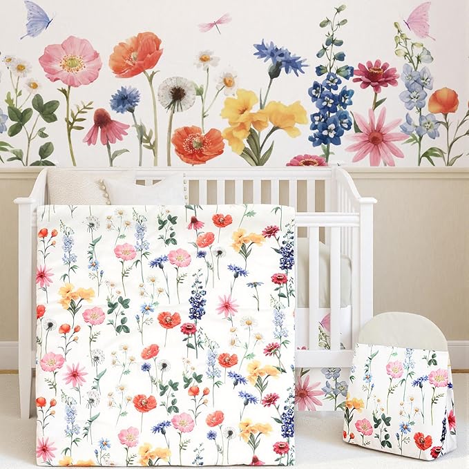 Oudain 4 Piece Spring Flower Crib Bedding Set Including Spring Wild Flower Crib Skirt, Blanket, Sheet and Diaper Stacker, Soft Neutral Nursery Standard Size Baby Bedding for Baby Girls and Boys