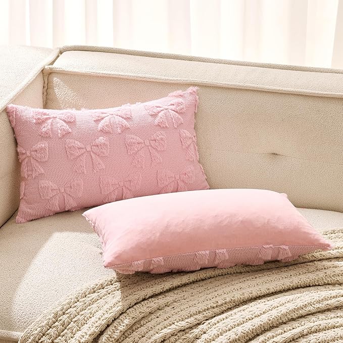 MIULEE Pink Bow Pillow Covers Coquette Room Decor Aesthetic Set of 2 Decorative Cute Girl Vlentine Pillow Covers Spring Soft Plush Faux Pillowcase for Preppy Room Decor Bedroom Couch,12x20 Inch