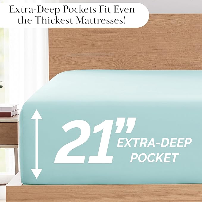 SouthShore Fine Living Vilano Pleats, 5-Piece Split-King Extra Deep Pocket Sheet Set, Sky Blue