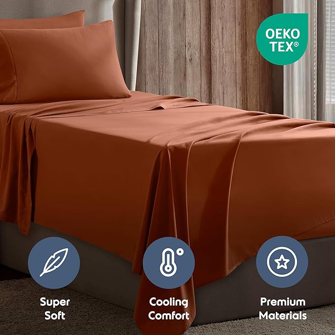 Nestl Twin XL Sheets Set, 3 Piece XL Twin Microfiber Sheets, Rust, Deep Pocket, Luxury Bed Sheets