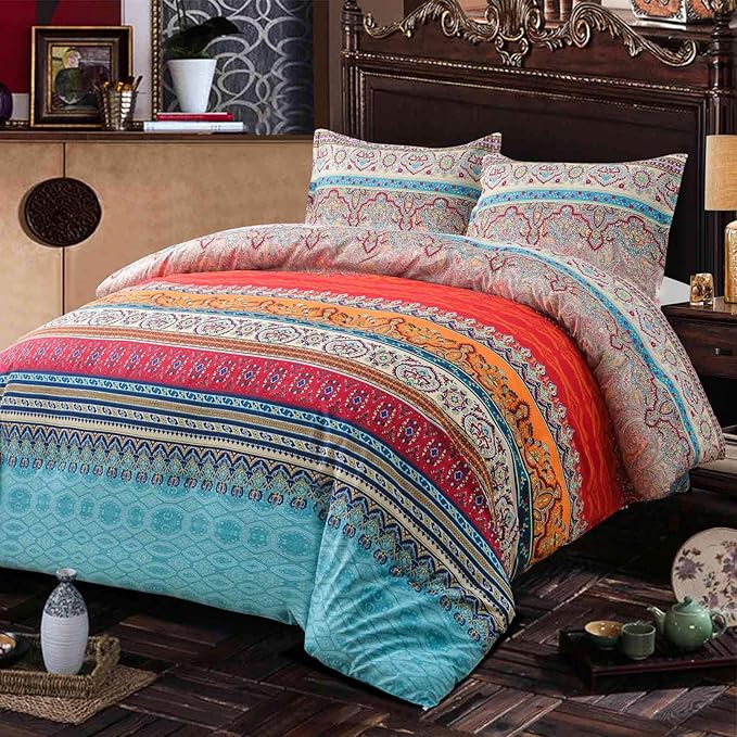Nanko Comforter Set Queen Size, 3pc Boho Red Blue Colorful Retro Striped Pattern Print 88 x 90 inch Reversible Comforter Microfiber Duvet Sets Bedding Bohemian Exotic Modern Farmhouse for Men Women