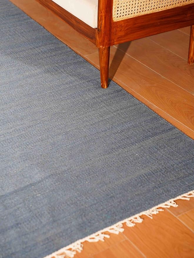 Rugsotic Carpets Hand Woven Flat Weave Kilim Wool ECO-Friendly Area Rugs - 5'x8', Rectangle Shape, Blue Color, Solid Plain Design, Low Pile Handmade Area Rugs for Living Room, Bed Room (D00111)