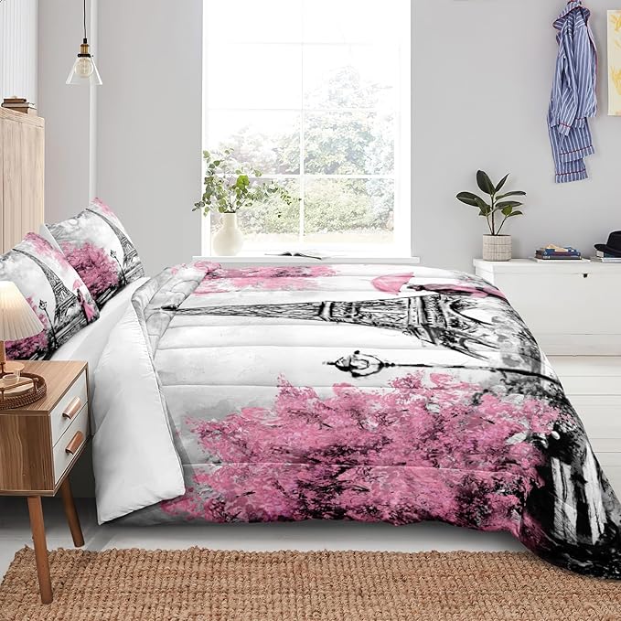 Bedbay Eiffel Tower Comforter Set Queen Size Paris Bedding - Romantic Couple Lovers Printed Girls Women Pink and Grey Soft Lightweight French Style Duvet Set