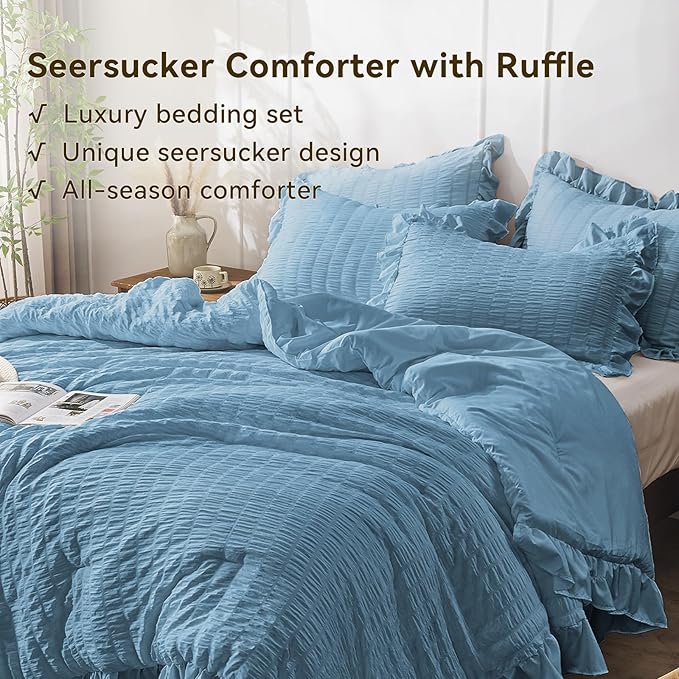 JOLLYVOGUE Queen Comforter Set, 3 Pieces Sea Blue Seersucker Comforters Queen Size, Lightweight & Fluffy Bedding Sets for All Season with 1 Ruffle Comforter and 2 Ruffle Pillowshams