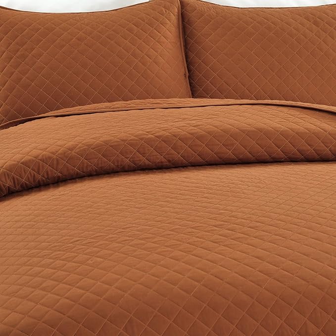 Lush Decor Ava Quilt Diamond Pattern Solid 3 Piece Oversized Bedding Blanket Bedspread Set - King - Rust