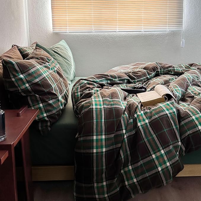 LifeTB Brown Green Plaid Comforter Set Full Size, 3 Pieces Vintage Checkered Pattern Comforter Buffalo Plaid Gingham Comforter Set with 2 Pillowcases, Soft Farmhouse Grid Bedding Set for All Seasons