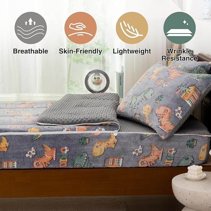 A Nice Night Cute Baby Dinosaur Printed Plush Zippered Comforter Set,Zipper Bedding Glow in The Dark for Child, Twin
