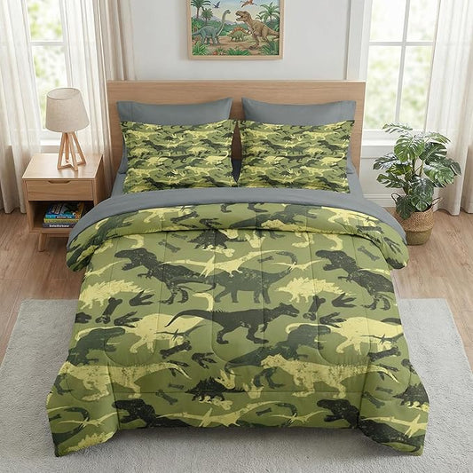 Comforter Set Queen Size, Camouflage Dino Dinosaur 7 Pcs Bedding for Kids and Adults, Cute Funny Green Bed Sheet Sets with Fitted Sheet 2 Pillowcases & 2 Shams for Bedroom Bed Decor