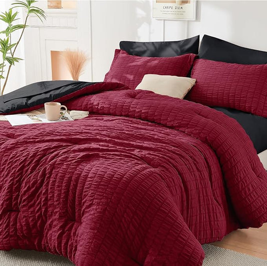 HYMOKEGE Red & Black Twin Comforter Set Seersucker 5 Pieces, All Season Luxury Bed in a Bag for Bedroom, Bedding Set with Comforters, Sheets, Pillowcase & Sham