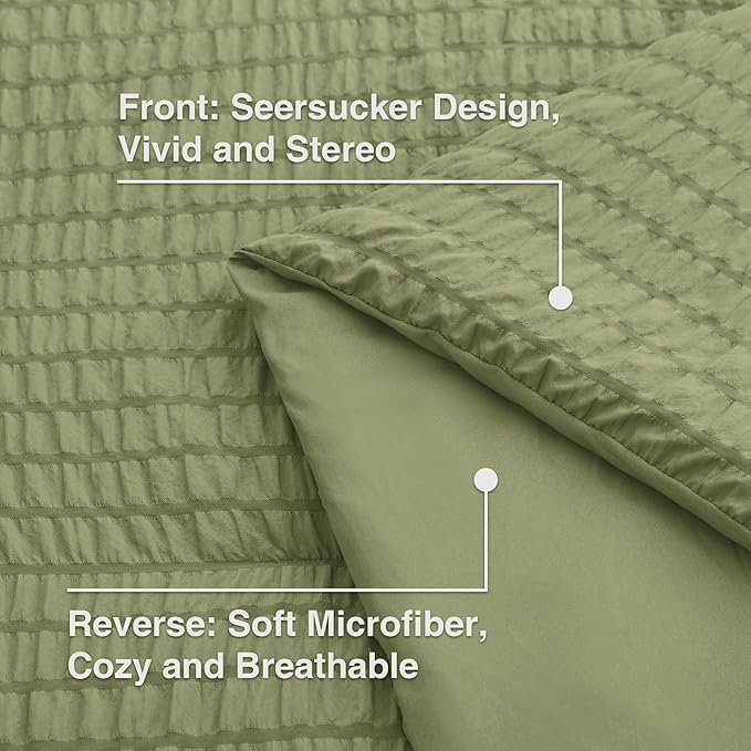 Love's cabin Seersucker Sage Green Queen Comforter Set, 7-Piece All Season Lightweight Bed in a Bag Bedding Set with Comforter, Flat Sheet, Fitted Sheet, Pillowcases and Shams | Soft, Breathable, Lightweight