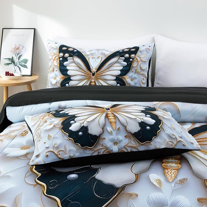 A Nice Night 6pcs Bed in A Bag Black and Glod Dreamy 3D Butterfly Pearl Flower Design, Butterflies Printed Bedding Twin Comforter Set, for Girls Kids Teens