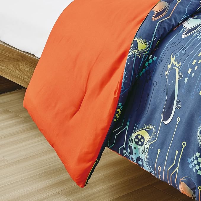 Chezmoi Collection 3-Piece Boys Twin Bedding Sets Sports Soft Microfiber Blue Orange Multi-Color Video Games Controller Skateboard Kids Comforter Set Twin Size