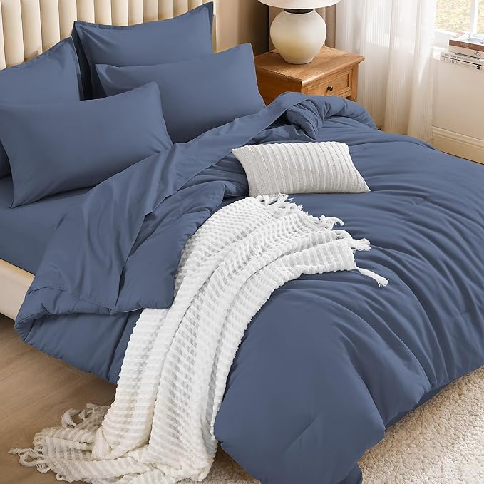 Litanika California King Comforter Set Bluish Grey - 7 Pieces Bed in a Bag Cal King Bedding Comforter Sets, Plain Lightweight Bed Set with Comforter, Sheets, Pillowcases & Shams