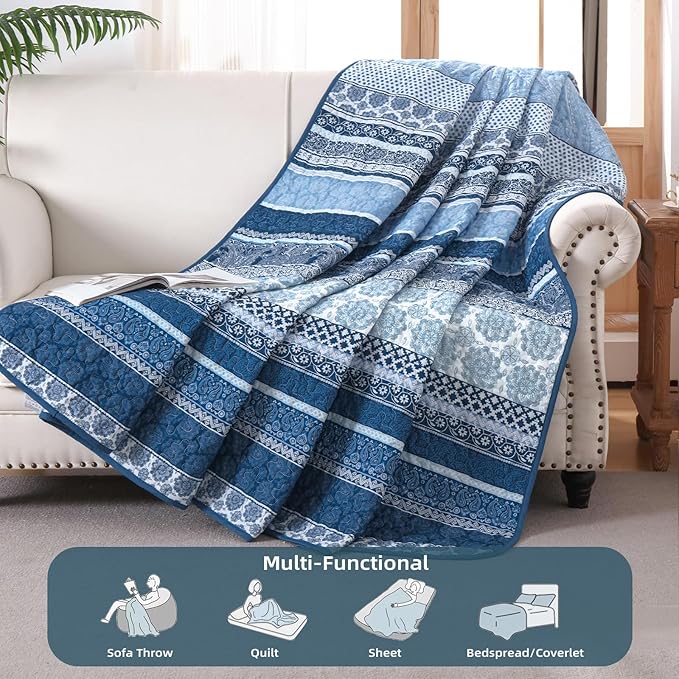 WONGS BEDDING Boho Quilt Set Full Size, Navy Blue Bohemian 3 Pieces Quilt Sets, Lightweight Microfiber Bedspread Coverlet Bedding Set for All Season (78"x90")
