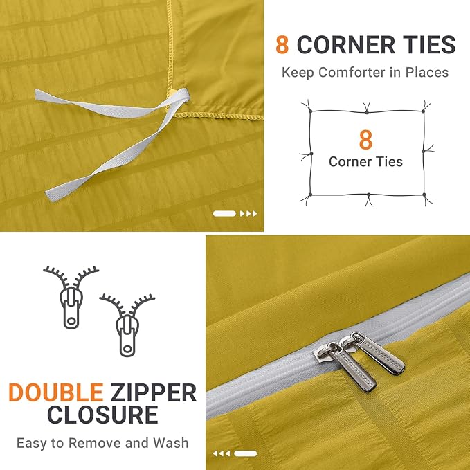 HYMOKEGE Mustard Yellow Duvet Cover King Size, Ultra Soft 3-Piece Seersucker Duvet Cover Set with Zipper Closure, Soft Brushed Microfiber Bedding Set with 8 Corner Ties (104"x90", 2 Pillowshams)