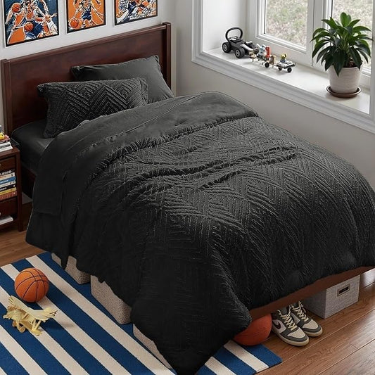 Zzlpp Twin Comforter Set 5 Pieces, Black Tufted Bed in a Bag with Comforter and Sheets, All Season Boho Bedding Sets with 1 Comforter, 1 Pillow Sham, 1 Pillowcase, 1 Flat Sheet, 1 Fitted Sheet