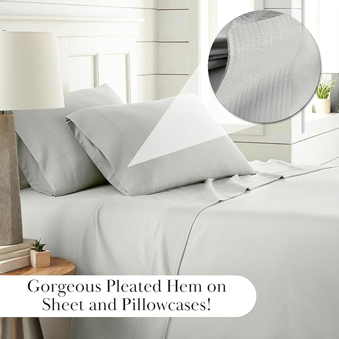 Southshore Fine Living, Inc. Pleated Hem, 21-Inch Extra Deep Pocket King Sheet Set, 4 - Piece King Size Sheets with Decorative Hem, Embroidered Detail, Easy Care Pet Hair Resistant Sheets, Light Grey