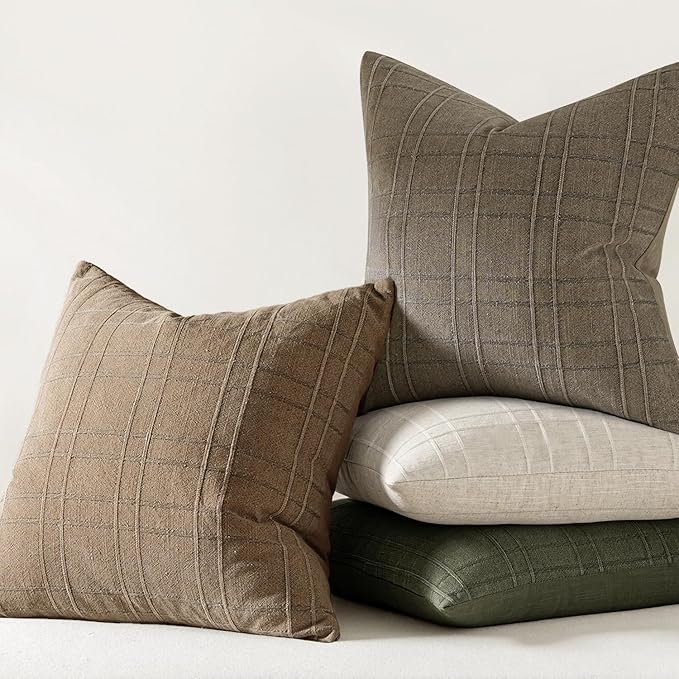 MIULEE Decorative Linen Check Lumar Throw Pillow Covers Neutral Farmhouse Vintage Pillow Covers 12x20 Set of 2 Boho Modern Winter Home Decor for Sofa Couch Bedroom Cushion Light Brown