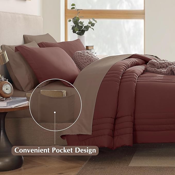 Monbix Queen Comforter Set - 7 Pieces Dark Red Bed in a Bag Queen Bedding Sets with Comforters, All Seasons Comforter Bed Set with Sheets, Pillowcases & Shams
