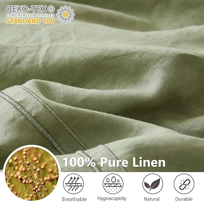 Simple&Opulence 100% Washed Linen Duvet Cover Set 104"x92" - 3 Pieces Soft Farmhouse Comforter Set Double Embroidered with Button Closure - 1 Duvet Cover and 2 Pillowshams (Sage Green, King)