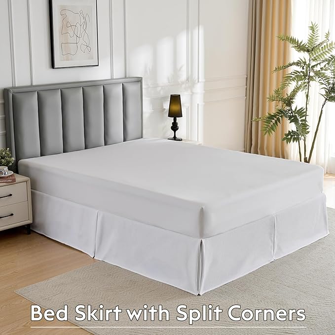 MIYE Premium Cotton Waffle Weave Bed Skirt, 14 Inch Drop Tailored Dust Ruffle with Split Corners, Easy Fit，Machine Washable (White, Queen - 14" Drop)