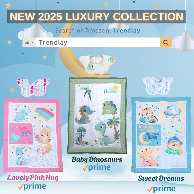 TrenD'lay 4 Piece - Includes Comforter, Fitted sheet, Crib skirt and Bib. Unisex Baby Dinosaurs Crib bedding set for Boys or Girls. Crib Comforter set for Newborn and Baby Nursery Decor. Baby Bedding.