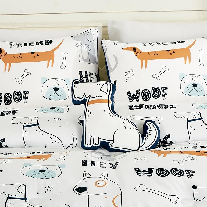 Chezmoi Collection 4-Piece Cartoon Dogs Kids Bedding Set Full/Queen Size - Black White Brown Gray Soft Microfiber Comforter Set w/Dog Throw Pillow for Kids Teens