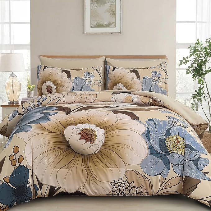 Xruibed Fall Floral Comforter Set Queen Size 7 Pieces Bed in a Bag Brown Flower Bedding Sets Lightweight Boho Bed Set with Sheet,Pillowcases&Shams for All Season