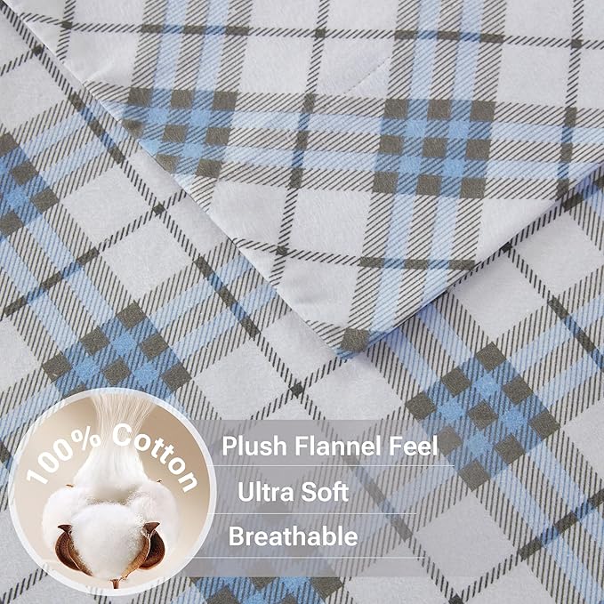 True North by Sleep Philosophy Cozy Flannel Warm 100% Cotton Sheet - Novelty Print Animals Stars Cute Ultra Soft Cold Weather Bedding Set, Cal King, Blue Plaid 4 Piece