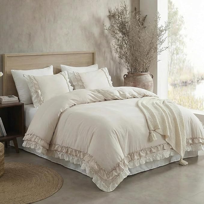 Bedorm Beige Duvet Cover Set Twin Ruffle Bedding Set Pleat Ruffled Shabby Chic Comforter Cover Extra Soft & Easy Care White Boho Duvet Cover with Zipper Closure