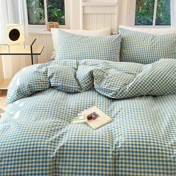 LifeTB Gingham Comforter Set Full Modern Style Blue Yellow Plaid Grid Bed Comforter 3 Pieces Soft Fluffy Checkered Pattern Comforter with 2 Pillowcases Farmhouse Gingham Bedding Set Breathable