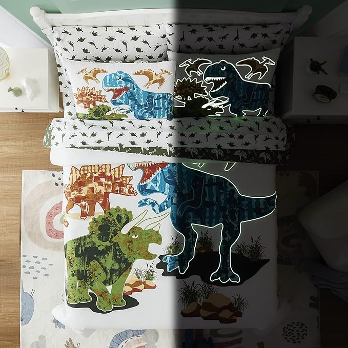 Full Kids Comforter Set - 7 Pieces Full Bedding Sets for Boys Teen, Glow in The Dark Dinosaurs Bed in A Bag with Sheets