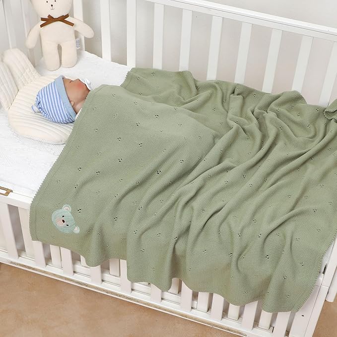 mimixiong Organic Cotton Baby Blanket Neutral Knitted Soft Crib Nursery Swaddling Receiving Blankets for Newborn Baby Boy Girl 40x30 Inch (Green)