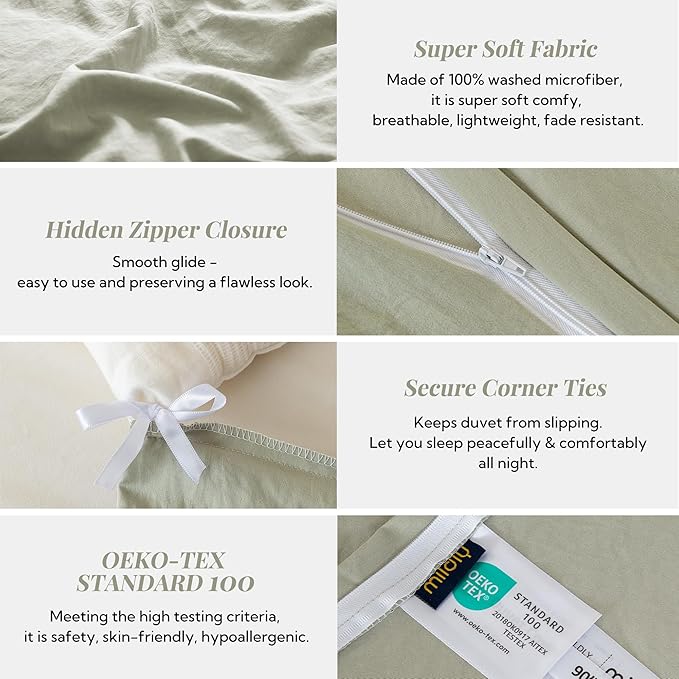 MILDLY Super Soft Duvet Cover 2pcs - 100% Washed Microfiber October Mist Sage Comforter Cover Set with Zipper Closure & Corner Ties (No Comforter)