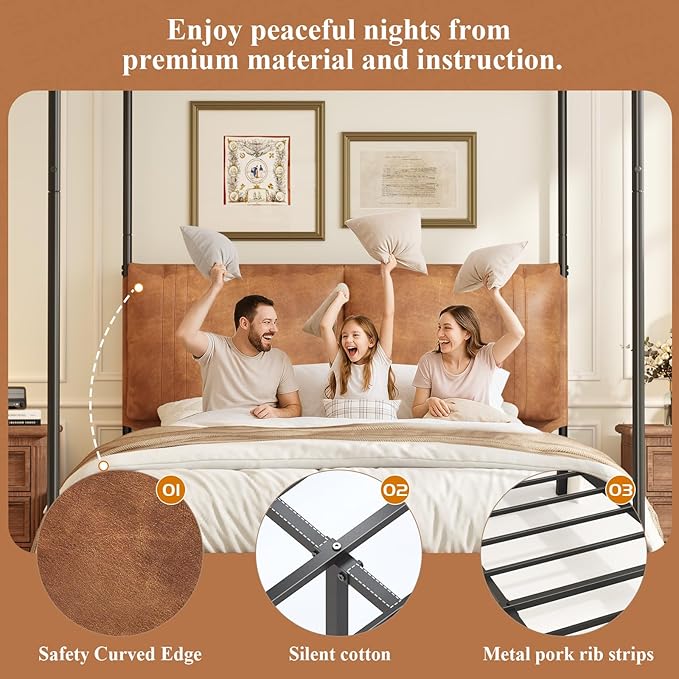 Modern Canopy Bed Frame with Upholstered Faux Leather Headboard – Tall Four Poster Metal Platform Bed, No Box Spring Needed, Queen Size, Brown and Black