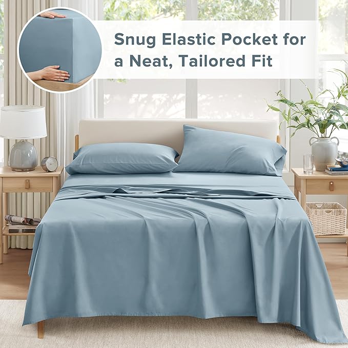Comfort Spaces Extra Deep Pocket, 100% Cotton Sheets Queen Fits up to 24" Mattress, Breathable, Naturally Cool Cotton, Soft Cotton, All Seasons Sheet Set, Blue 4 Piece