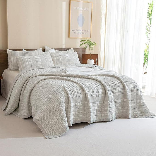 Sanracie Cotton Quilt Set King Size(110"x98"), Khaki Waffle Quilted Bedspread Sets,3Pcs Soft Lightweight King Quilt Bedding Set,Farmhouse Coverlet Quilt Set Shabby Vintage Chic Bedding Set