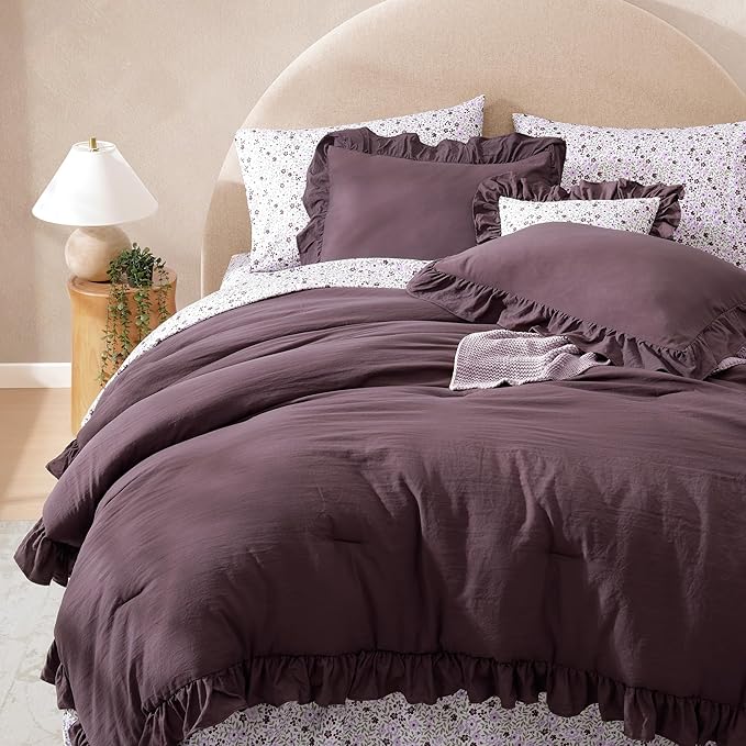 California King Comforter Set - 7 Pieces Ruffle Dark Purple Bedding Sets, Shabby Chic Farmhouse Bed in a Bag with Ruffle Comforter, Floral Sheets, Pillowcases & Shams