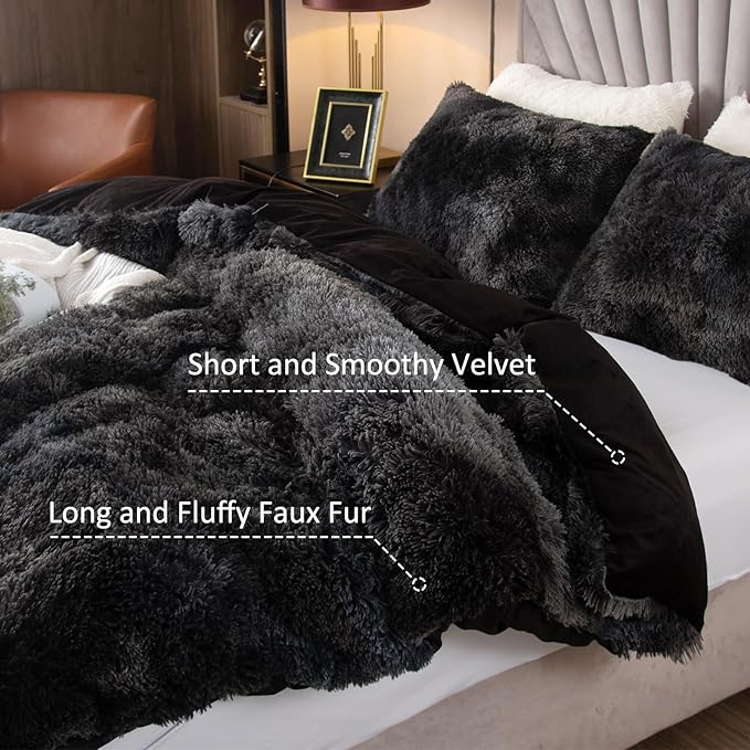 EMME Luxury Fuzzy Duvet Cover Set King Size Fluffy Comforter Cover Set for King Bed 2 Pieces Shaggy and Plush Soft Bedding Duvet Covers (Tie Dye Black, King)