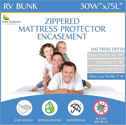 RV Bunk Mattress Encasement (30" W x 75" L) - Waterproof Zippered Protector - Cot Size Low Profile Fits 5" to 8" Thick - Hypoallergenic Premium Bed Cover Protects from Dust Allergens