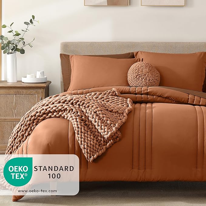Monbix Queen Comforter Set - 7 Pieces Burnt Orange Bed in a Bag Queen Bedding Sets with Comforters, All Seasons Comforter Bed Set with Sheets, Pillowcases & Shams