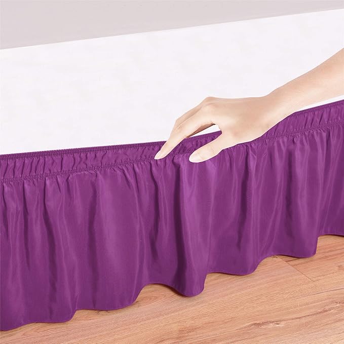 Wrap Around Bed Skirts Elastic Dust Ruffles, Easy Fit Wrinkle and Fade Resistant Silky Microfiber Fabric Solid Color Bedskirt, 12 Inch Tailored Drop Purple for Short Queen Size Bed Skirt