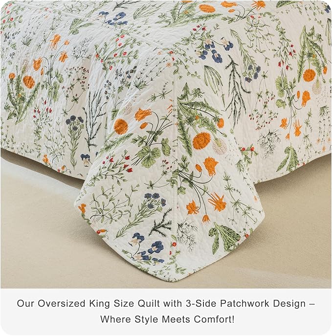 QSH 100% Cotton Floral Quilt Oversized Queen Set (102"x118")- 3Pcs Yellow Flowers Leaves Plants Pattern Botanical Printed Bedspread Coverlet Soft Lightweight Quilt Oversized Queen with Pillowcases