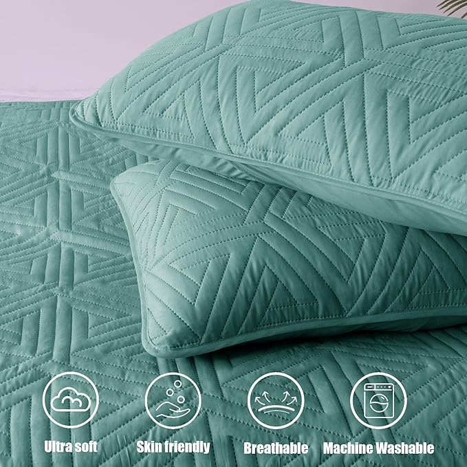 Whale Flotilla Soft Queen Size Quilt Set for All Seasons, 3-Piece Ultrasonic Geometric Quilts Bedding Set, Lightweight Reversible Bedspread, Coverlet, Bed Cover with 2 Pillow Shams, Turquoise Green