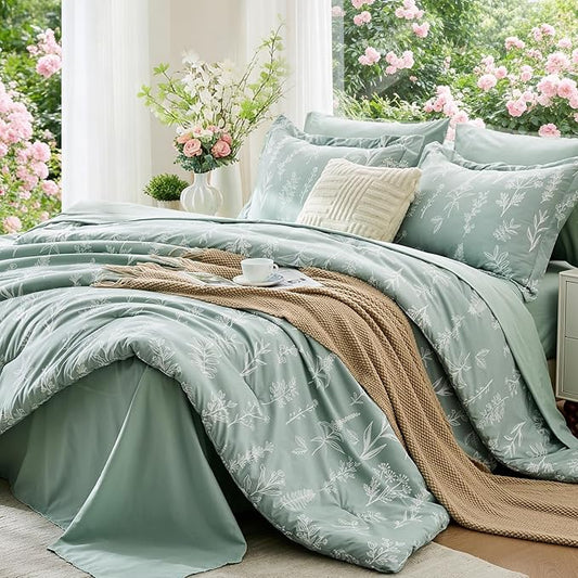 MUXHOMO Full Comforter Set, Sage Green Elegant Floral Print Bed in a Bag 7 Pieces, Ultra Soft & Breathable Reversible Botanical Pattern Bedding Set with Comforter, Sheets, Pillowcases, and Shams