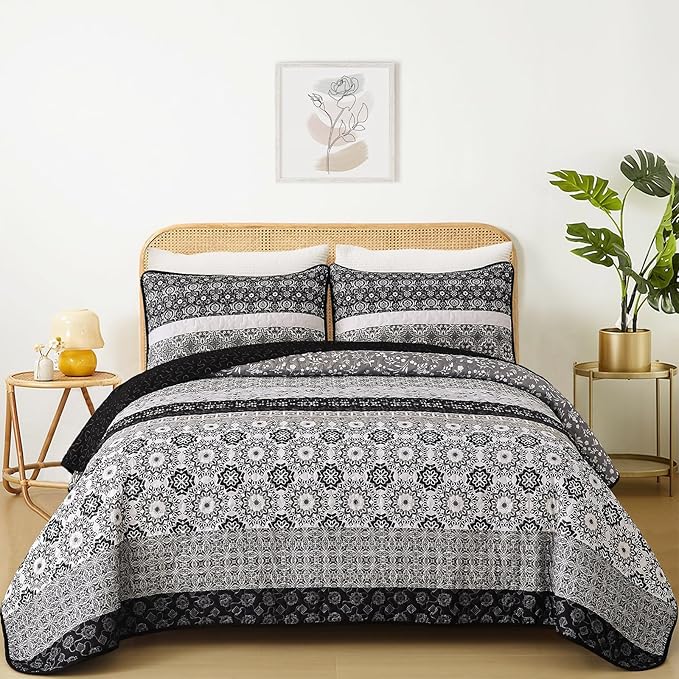 WONGS BEDDING Boho Quilt Set King, Bohemian Black Striped Patchwork Bedspread Coverlet Set with 2 Pillowcases,Lightweight Microfiber Floral Bedding Set 104"×90"