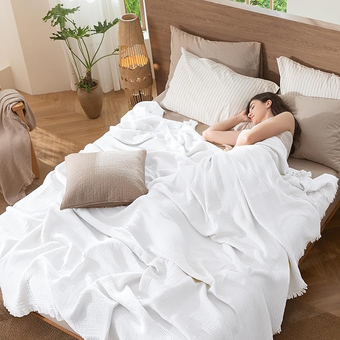 MooMee Muslin Blanket - 100% Cotton 4-Layer Gauze Throw Blanket with Tassels Ultra-Soft Breathable Lightweight Cooling for Bed Couch (Bright White,Oversized Queen 98" x 98")