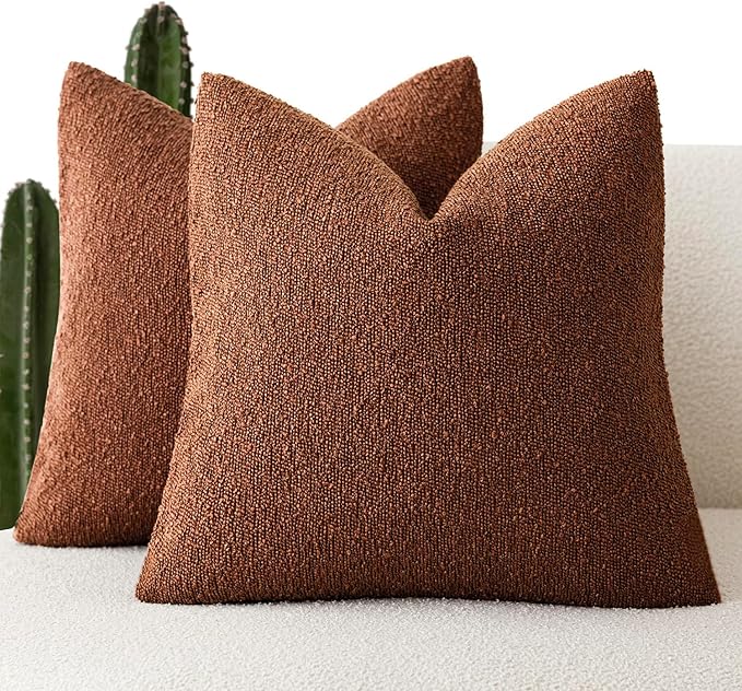 Foindtower Set of 2, Decorative Textured Boucle Throw Pillow Covers Accent Solid Pillow Cases Neutral Soft Cozy Couch Cushion Case for Chair Sofa Bedroom Living Room Home Decor 26x26 Inch Red Taupe