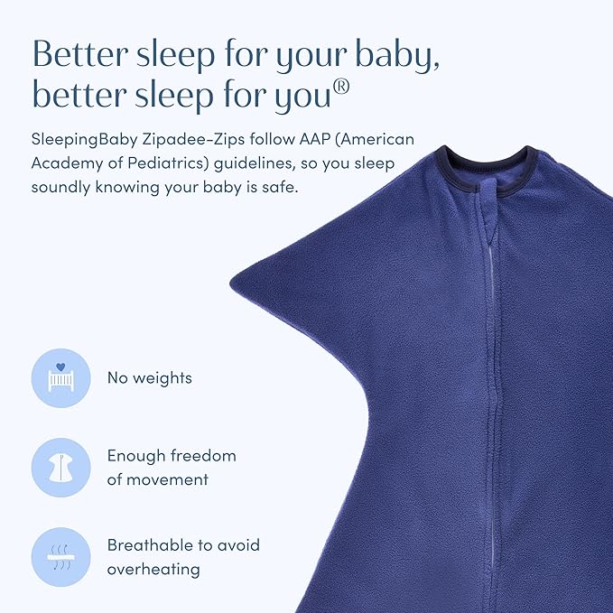 SleepingBaby Zipadee-Zip Transition Swaddle - Cozy Fleece Wearable Blanket with Two-Way Zipper for Baby Sleep - Navy, Small (4-8 Month)